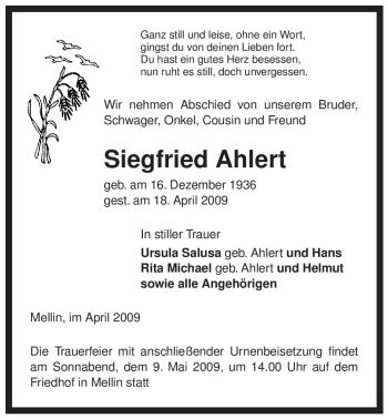 Traueranzeige von Siegfried Ahlert von ALLGEMEINE ZEITUNG UELZEN