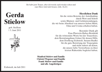 Traueranzeige von Gerda Stielow von ALLGEMEINE ZEITUNG UELZEN