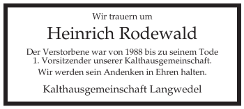 Traueranzeige von Heinrich Rodewald von ALLGEMEINE ZEITUNG UELZEN