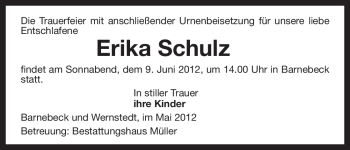 Traueranzeige von Erika Schulz von ALLGEMEINE ZEITUNG UELZEN