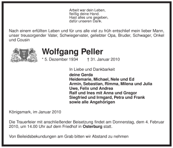 Traueranzeige von Wolfgang Peller von ALLGEMEINE ZEITUNG UELZEN