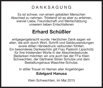 Traueranzeige von Erhard Schüßler von Uelzen