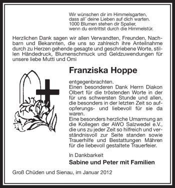 Traueranzeige von Franziska Hoppe von ALLGEMEINE ZEITUNG UELZEN