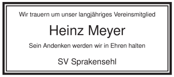 Traueranzeige von Heinz Meyer von ALLGEMEINE ZEITUNG UELZEN