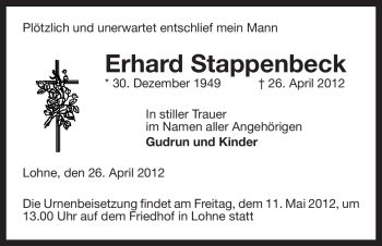 Traueranzeige von Erhard Stappenbeck von ALLGEMEINE ZEITUNG UELZEN