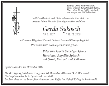 Traueranzeige von Gerda Sykosch von ALLGEMEINE ZEITUNG UELZEN