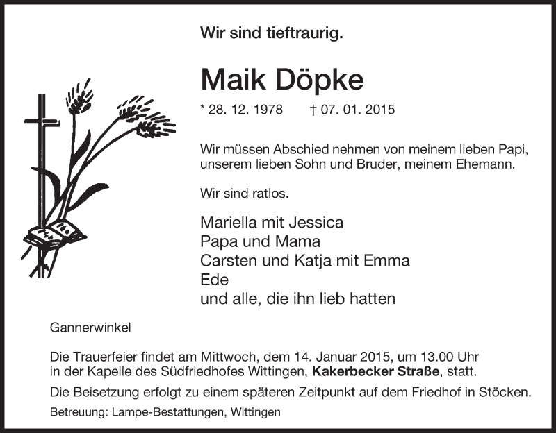  Traueranzeige für Maik Döpke vom 10.01.2015 aus Uelzen
