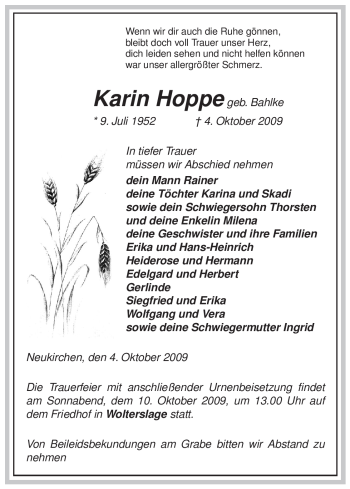 Traueranzeige von Karin Hoppe von ALLGEMEINE ZEITUNG UELZEN