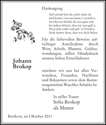 Traueranzeige von Johann Brokop von ALLGEMEINE ZEITUNG UELZEN