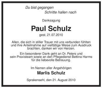 Traueranzeige von Paul Schulz von ALLGEMEINE ZEITUNG UELZEN