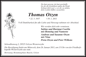 Traueranzeige von Thomas Otzen von ALLGEMEINE ZEITUNG UELZEN