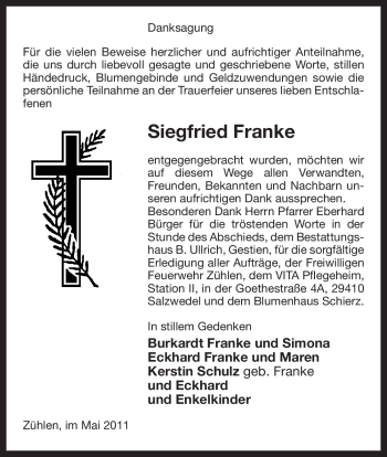 Traueranzeige von Siegfried Franke von ALLGEMEINE ZEITUNG UELZEN