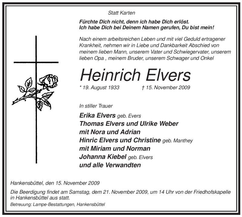  Traueranzeige für Heinrich Elvers vom 17.11.2009 aus ALLGEMEINE ZEITUNG UELZEN