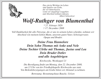 Traueranzeige von Wolf-Ruthger Blumenthal von ALLGEMEINE ZEITUNG UELZEN