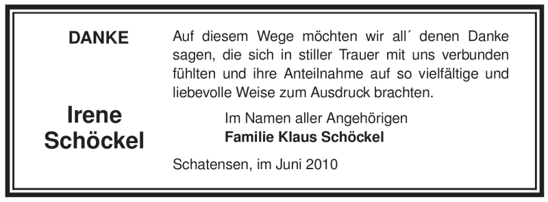  Traueranzeige für Irene Schöckel vom 12.06.2010 aus ALLGEMEINE ZEITUNG UELZEN