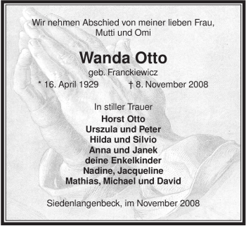 Traueranzeige von Wanda Otto von ALLGEMEINE ZEITUNG UELZEN