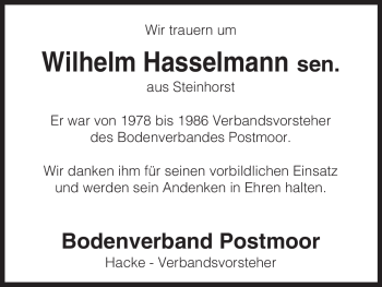 Traueranzeige von Wilhelm Hasselmann von ALLGEMEINE ZEITUNG UELZEN