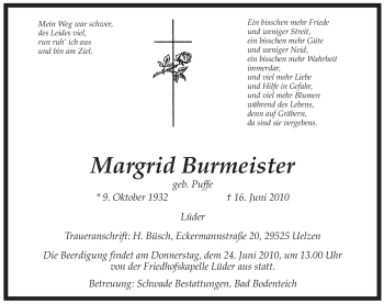 Traueranzeige von Margrid Burmeister von ALLGEMEINE ZEITUNG UELZEN