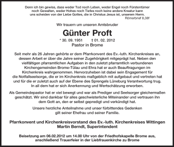 Traueranzeige von Günter Proft von ALLGEMEINE ZEITUNG UELZEN