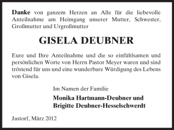 Traueranzeige von Gisela Deubner von ALLGEMEINE ZEITUNG UELZEN