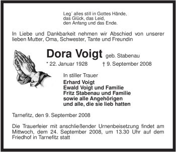 Traueranzeige von Dora Voigt von ALLGEMEINE ZEITUNG UELZEN