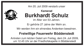 Traueranzeige von Burkhardt Schulz von ALLGEMEINE ZEITUNG UELZEN