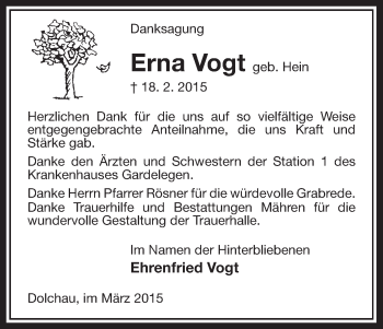 Traueranzeige von Erna Vogt von Uelzen