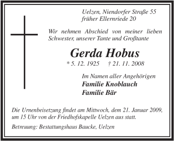 Traueranzeige von Gerda Hobus von ALLGEMEINE ZEITUNG UELZEN