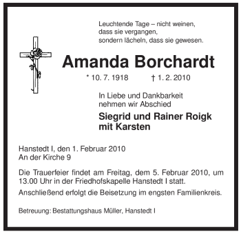 Traueranzeige von Amanda Borchardt von ALLGEMEINE ZEITUNG UELZEN