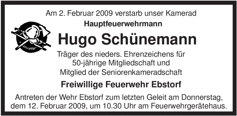  Traueranzeige für Hugo Schünemann vom 05.02.2009 aus ALLGEMEINE ZEITUNG UELZEN