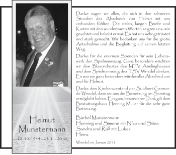 Traueranzeige von Helmut Munstermann von ALLGEMEINE ZEITUNG UELZEN