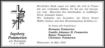 Traueranzeige von Ingeborg Pommerien von ALLGEMEINE ZEITUNG UELZEN