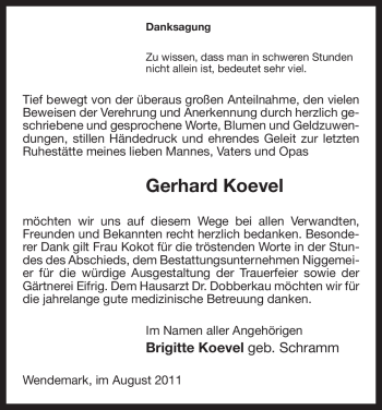 Traueranzeige von Gerhard Koevel von ALLGEMEINE ZEITUNG UELZEN