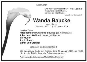 Traueranzeige von Wanda Baucke von ALLGEMEINE ZEITUNG UELZEN