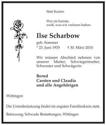 Traueranzeige von Ilse Scharbow von ALLGEMEINE ZEITUNG UELZEN