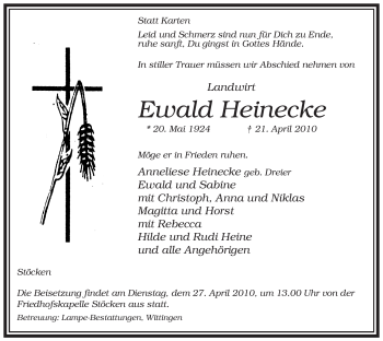 Traueranzeige von Ewald Heinecke von ALLGEMEINE ZEITUNG UELZEN