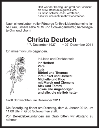 Traueranzeige von Christa Deutsch von ALLGEMEINE ZEITUNG UELZEN