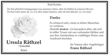 Traueranzeige von Ursula Räthzel von ALLGEMEINE ZEITUNG UELZEN