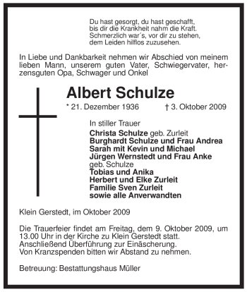 Traueranzeige von Albert Schulze von ALLGEMEINE ZEITUNG UELZEN