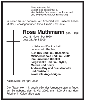 Traueranzeige von Rosa Muthmann von ALLGEMEINE ZEITUNG UELZEN