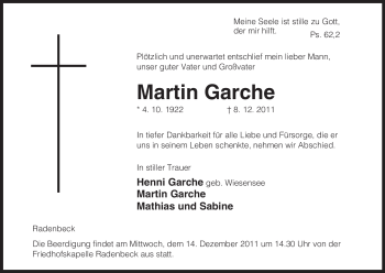 Traueranzeige von Martin Garche von ALLGEMEINE ZEITUNG UELZEN