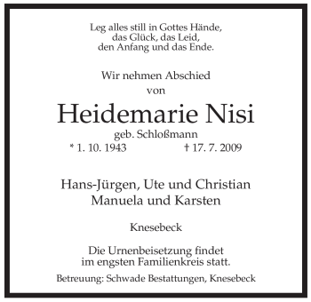 Traueranzeige von Heidemarie Nisi von ALLGEMEINE ZEITUNG UELZEN