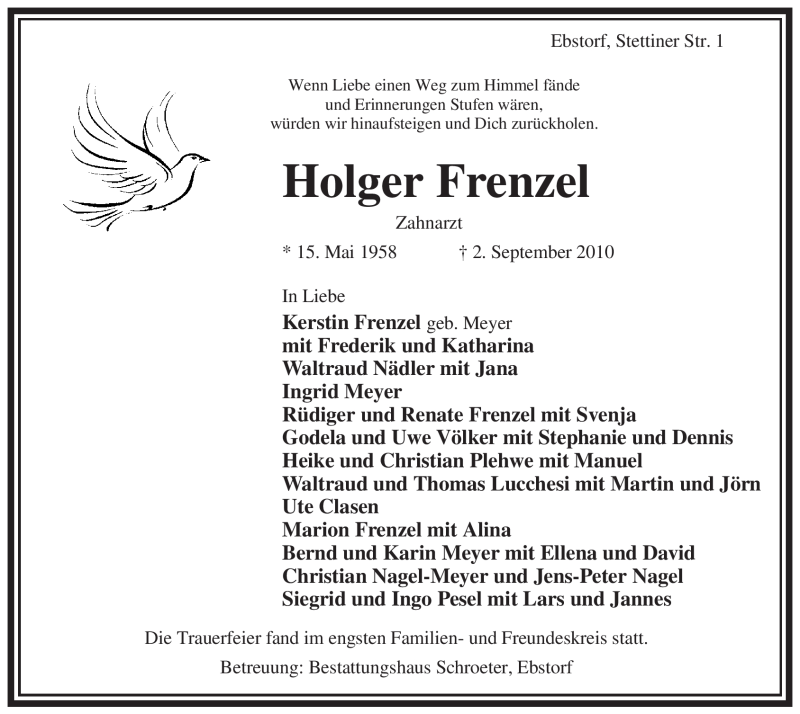  Traueranzeige für Holger Frenzel vom 09.09.2010 aus ALLGEMEINE ZEITUNG UELZEN