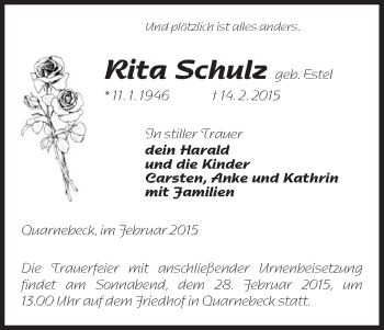 Traueranzeige von Rita Schulz von Uelzen