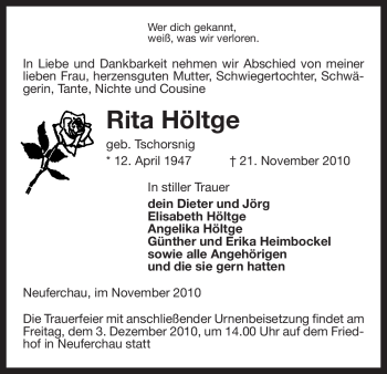 Traueranzeige von Rita Höltge von ALLGEMEINE ZEITUNG UELZEN