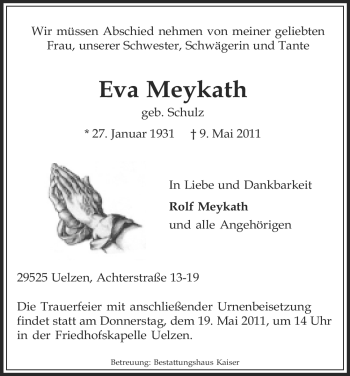 Traueranzeige von Eva Meykatt von ALLGEMEINE ZEITUNG UELZEN