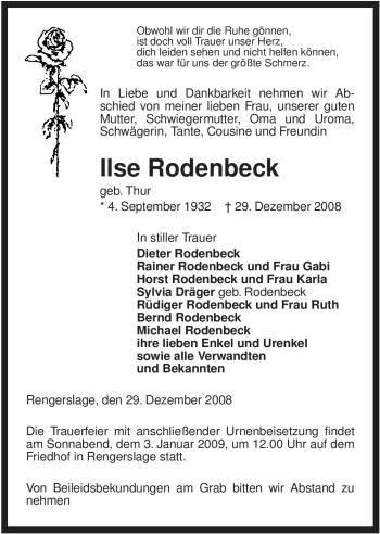 Traueranzeige von Ilse Rodenbeck von ALLGEMEINE ZEITUNG UELZEN