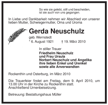 Traueranzeige von Gerda Neuschulz von ALLGEMEINE ZEITUNG UELZEN