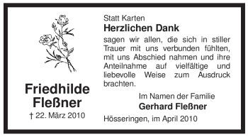 Traueranzeige von Friedhilde Fleßner von ALLGEMEINE ZEITUNG UELZEN