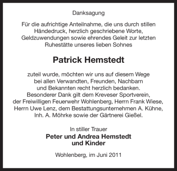 Traueranzeige von Patrick Hemstedt von ALLGEMEINE ZEITUNG UELZEN